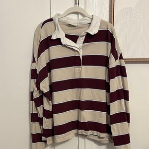 Stylerunner Beige and Light Blue Striped Rugby Top